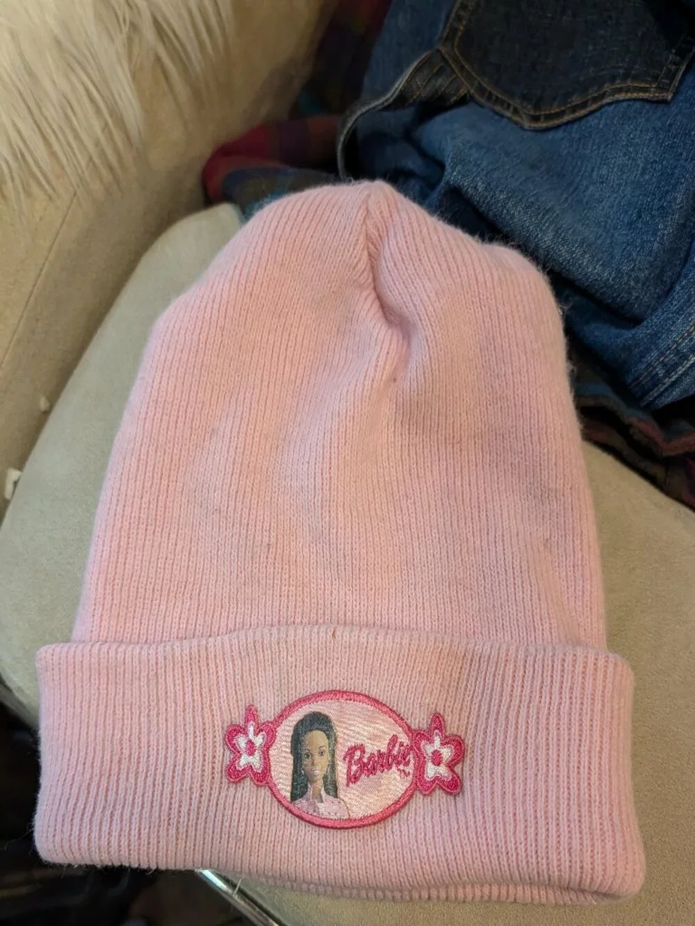 Pink Barbie Patch Cuffed Knit Beanie